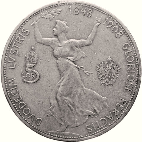 1908 5 Corona Austria Habsburg Coin Franz Joseph I Reign Silver