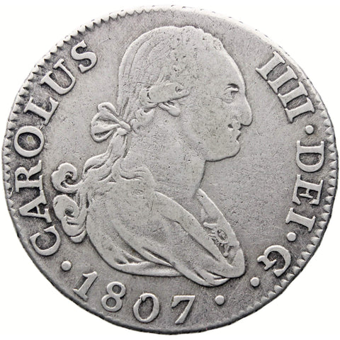 1807 MFA 2 Reales Spain Coin Charles IV Silver Madrid Mint